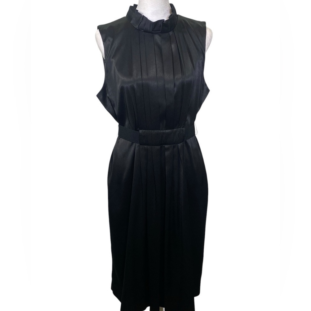 Simply Vera Wang Sheath Dress Size L Black Ruffle Collar Pleated Belted Party - Picture 1 of 8